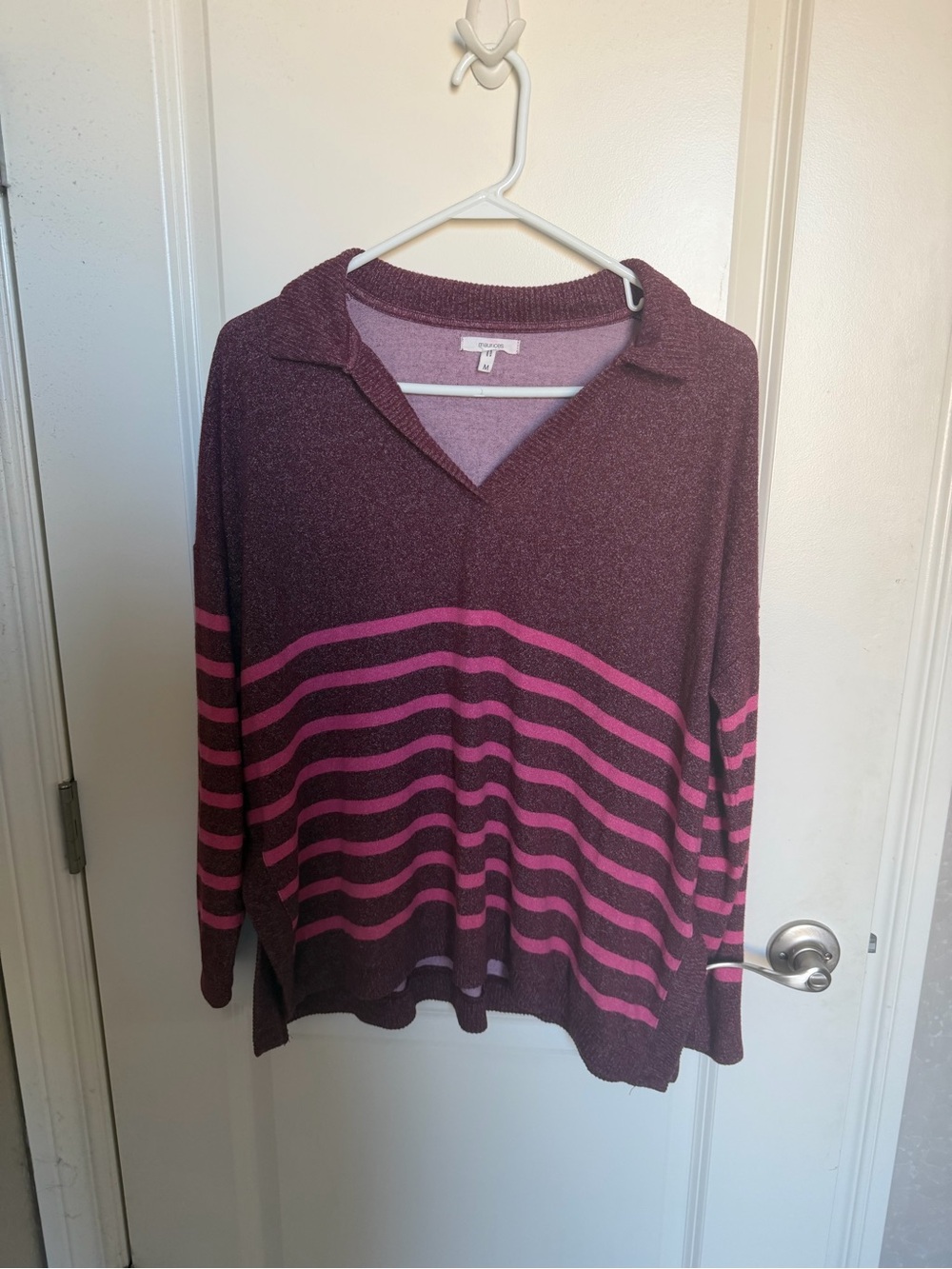 Maurices Women's Maroon Sweater with Pink Stripes V‑Neck Collar